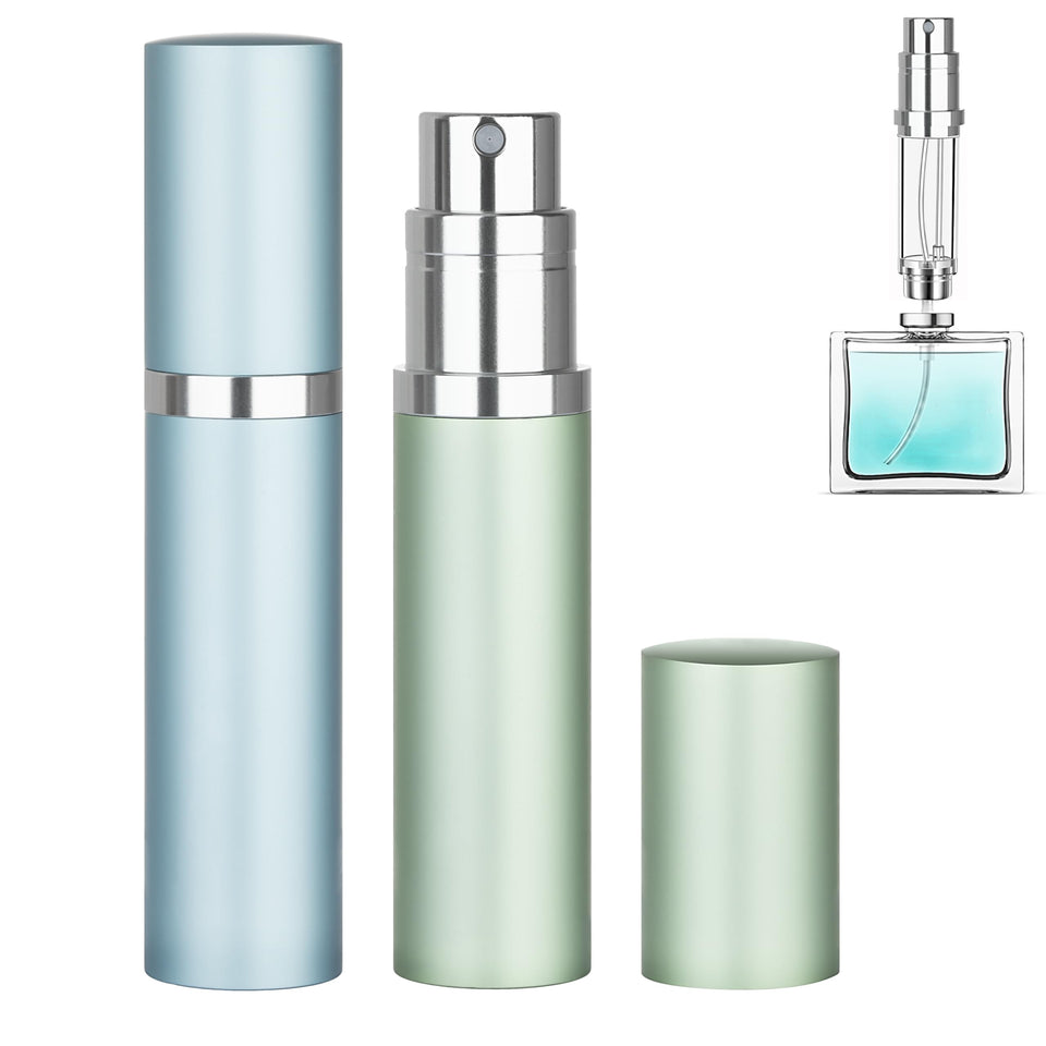 Qavhun 2-pack 5ml travel bottles in light blue and light green for on the go fragrance.