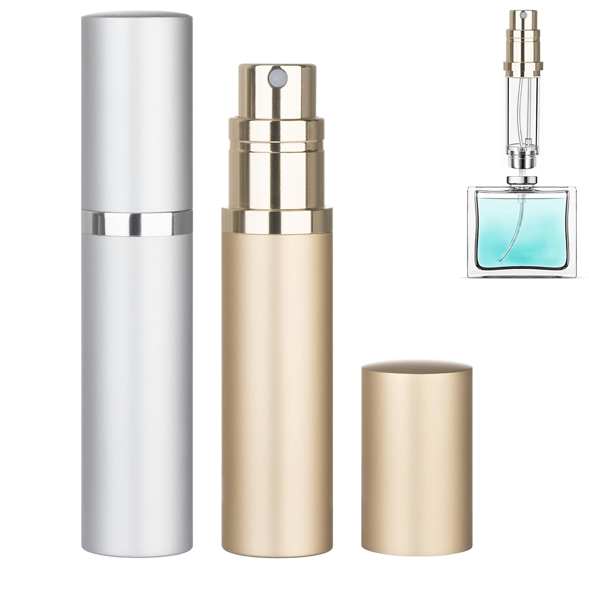 Qavhun refillable perfume bottle in silver finish with portable design for on-the-go fragrance.