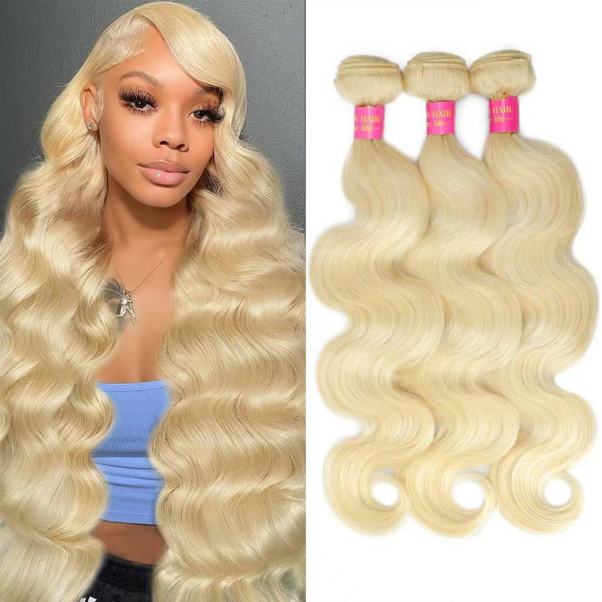 QBRVP 613 body wave blonde bundles 18 inch close-up texture for natural blend