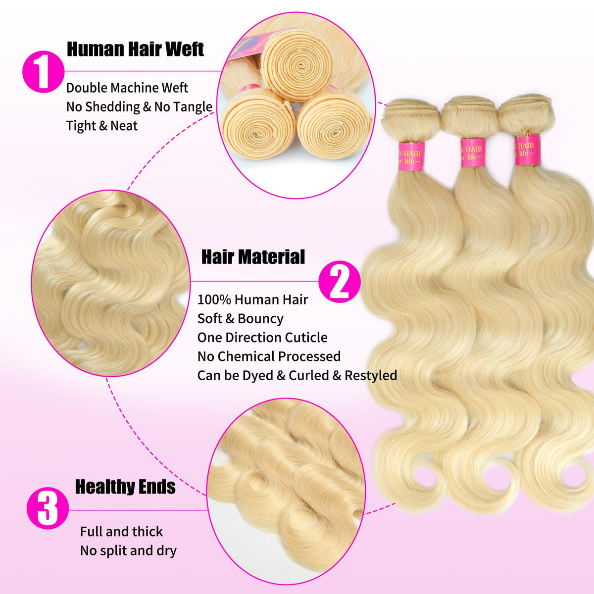 QBRVP 613 body wave blonde bundles 20 inch close-up showing double machine weft