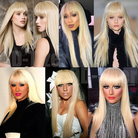 QD-Tizer 613 blonde long straight wig with bangs back view shows natural fall and length.