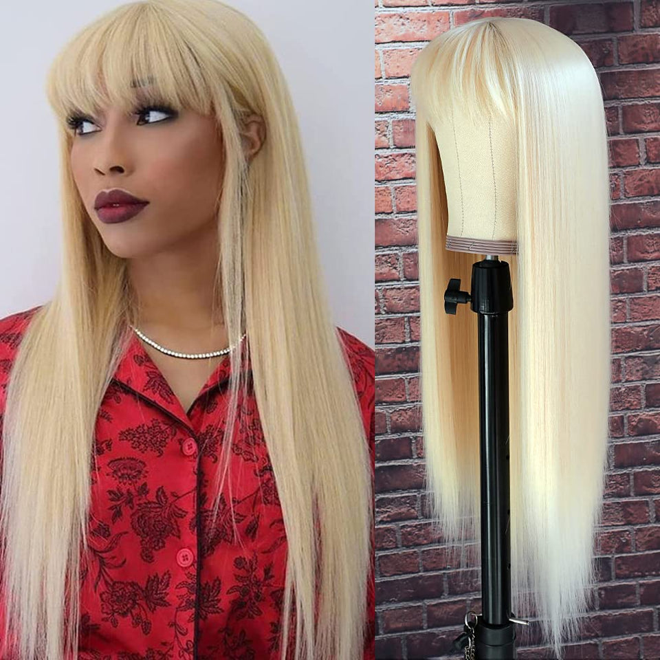 QD-Tizer 613 blonde long straight wig with bangs close-up showing natural fiber texture.