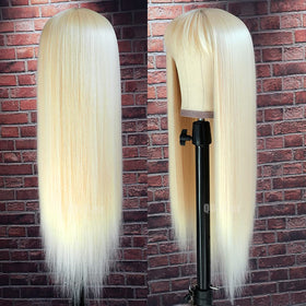 QD-Tizer 613 blonde long straight wig with bangs reveals smooth, heat resistant synthetic fibers.