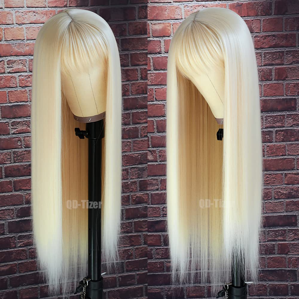 QD-Tizer 613 blonde long straight wig with bangs on mannequin for easy daily styling.
