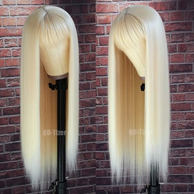 QD-Tizer 613 blonde long straight wig with bangs on mannequin for easy daily styling.