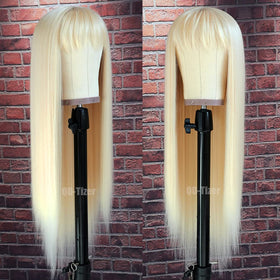 QD-Tizer 613 blonde long straight wig with bangs on head feels lightweight and comfortable.
