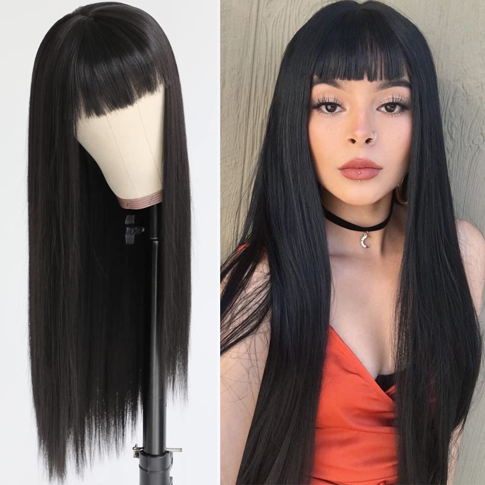 QD-Tizer black 24inch wig with full bangs for a youthful, natural look