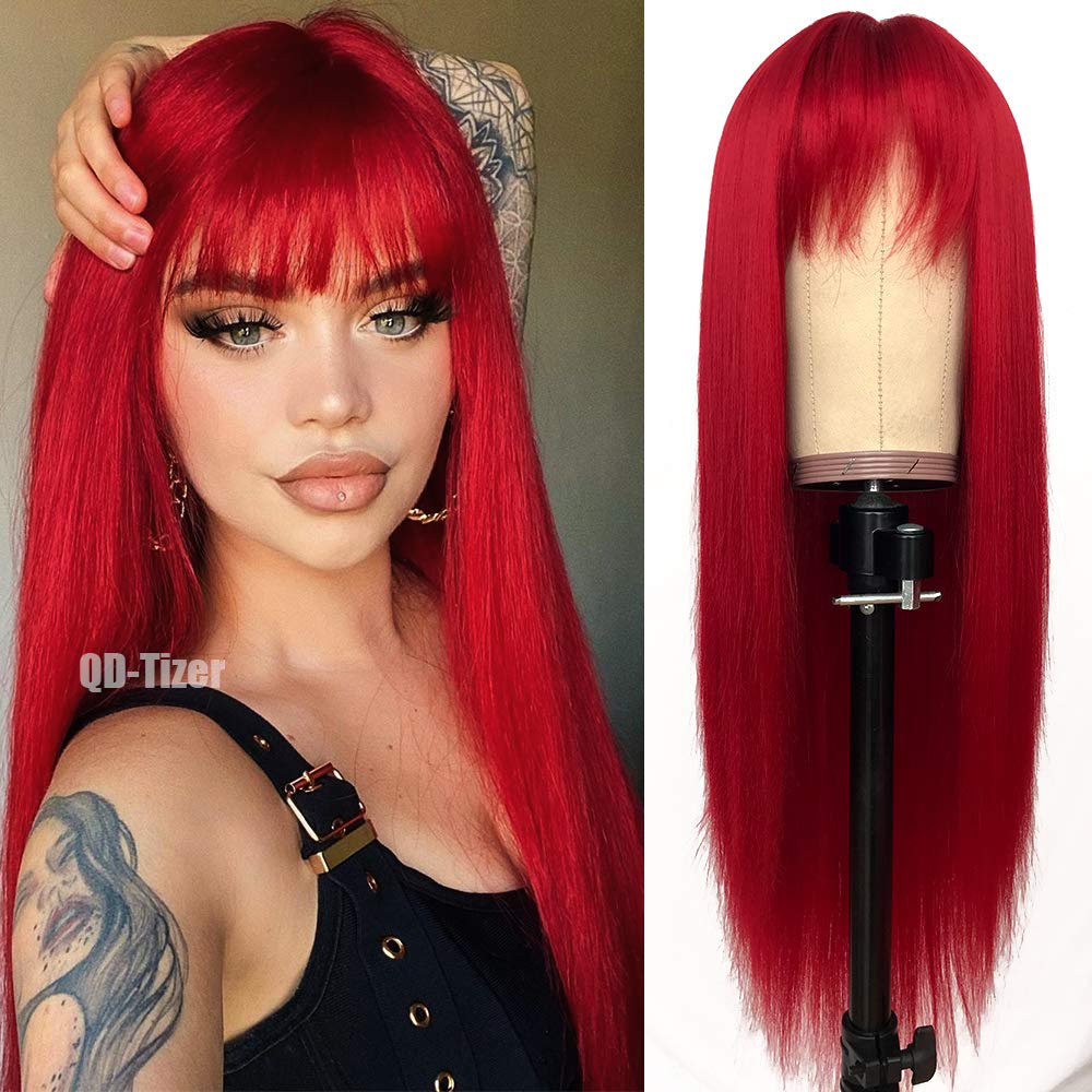 QD-Tizer red 24-inch silky straight wig with bangs for stylish party looks.