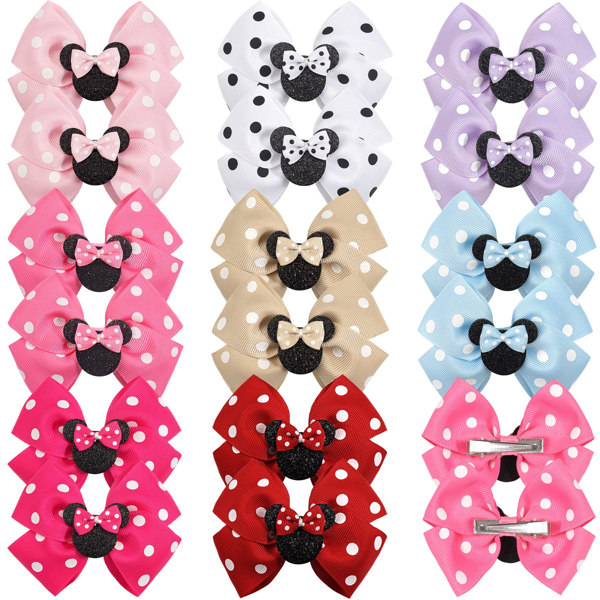 Qearl mouse ears bows in red polka dot, easy to wear party clip for girls