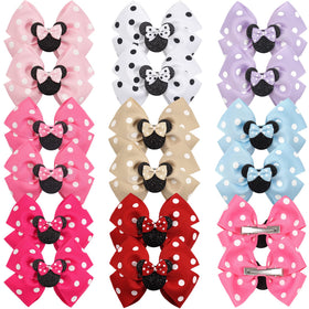 Qearl mouse ears bows in red polka dot, easy to wear party clip for girls