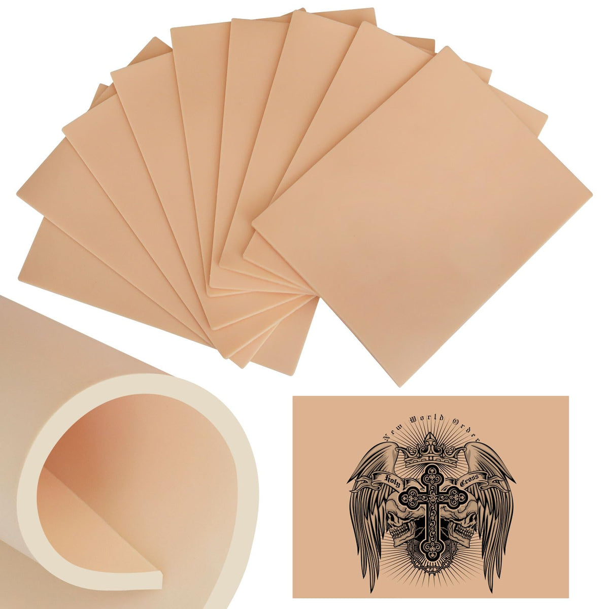 Qeqanazo 3mm tattoo skin sheet with thick silicone texture for realistic practice.