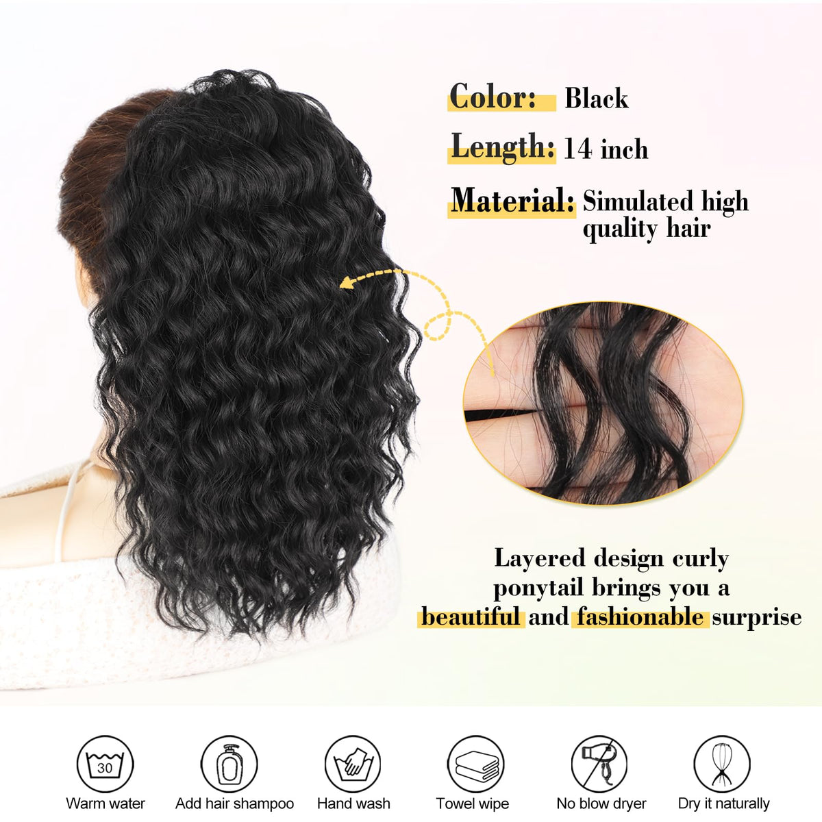 QGZ drawstring closure ponytail for easy, fast styling.