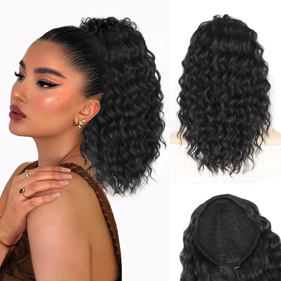 QGZ drawstring ponytail 14-inch wavy hair for quick, secure styling.