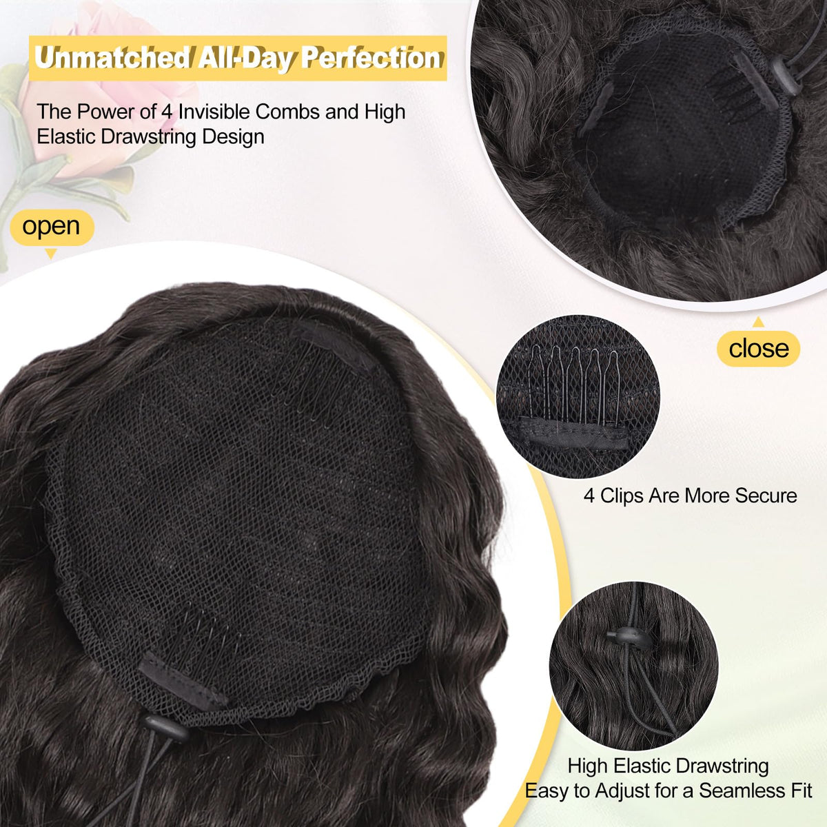 QGZ ponytail with two clips for secure-fit styling.