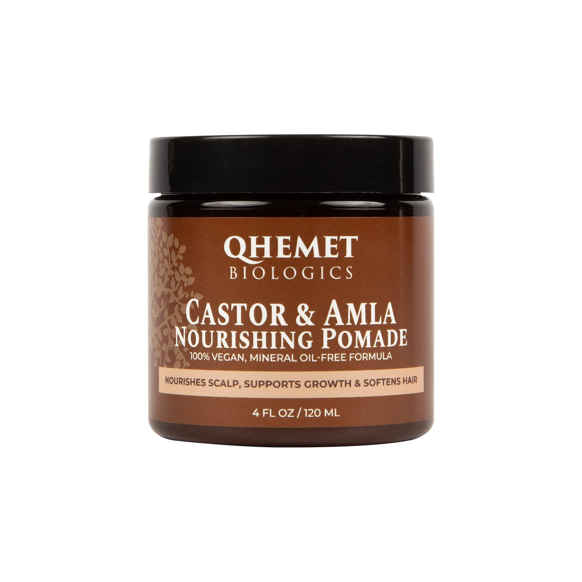 Qhemet Biologics Castor & Amla Nourishing Pomade bottle highlights vegan moisture