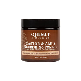 Qhemet Biologics Castor & Amla Nourishing Pomade bottle highlights vegan moisture