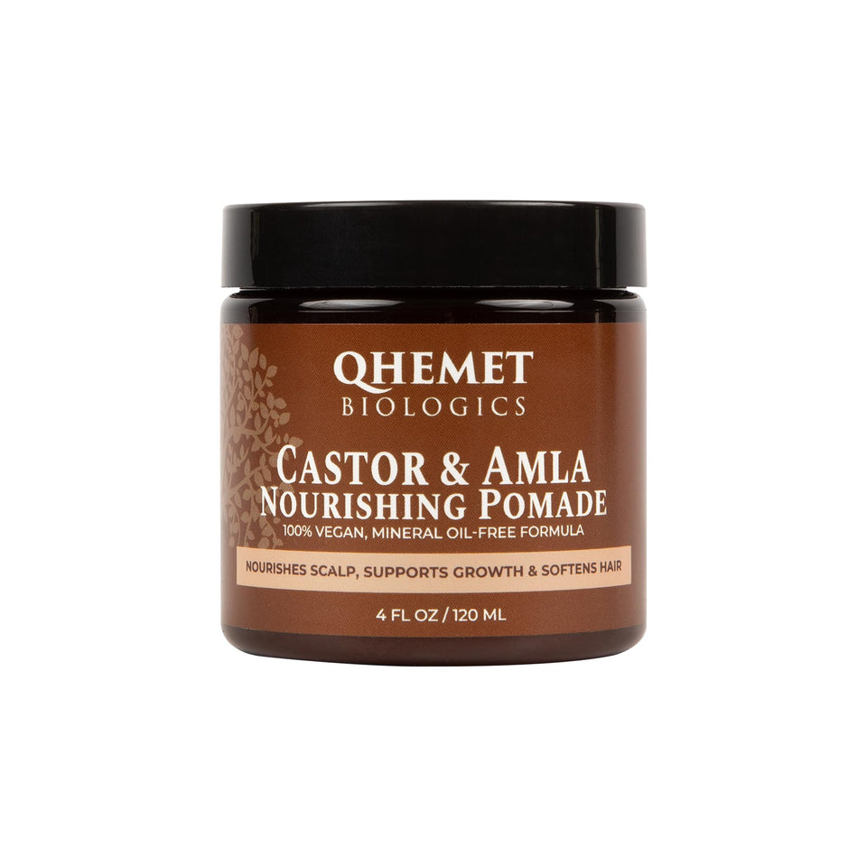Qhemet Biologics Castor & Amla Nourishing Pomade bottle highlights vegan moisture