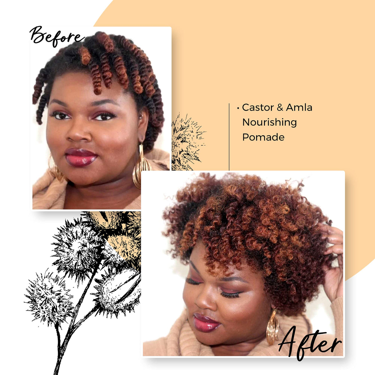 Protective styling scene shows twists and locs with pomade