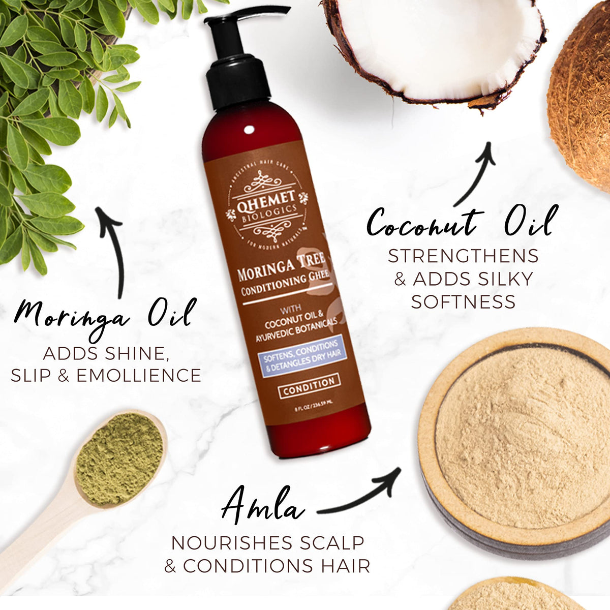 Qhemet Biologics Moringa Tree Conditioning Ghee showing detangling slip