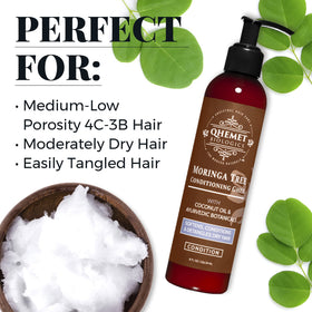 Qhemet Biologics Moringa Tree Conditioning Ghee applied to hair for smoothness
