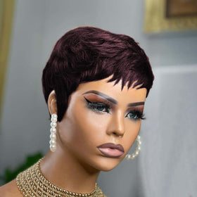 QiaQiaRing Pixie Cut Wig bangs side view shows face-framing style for easy daily styling.