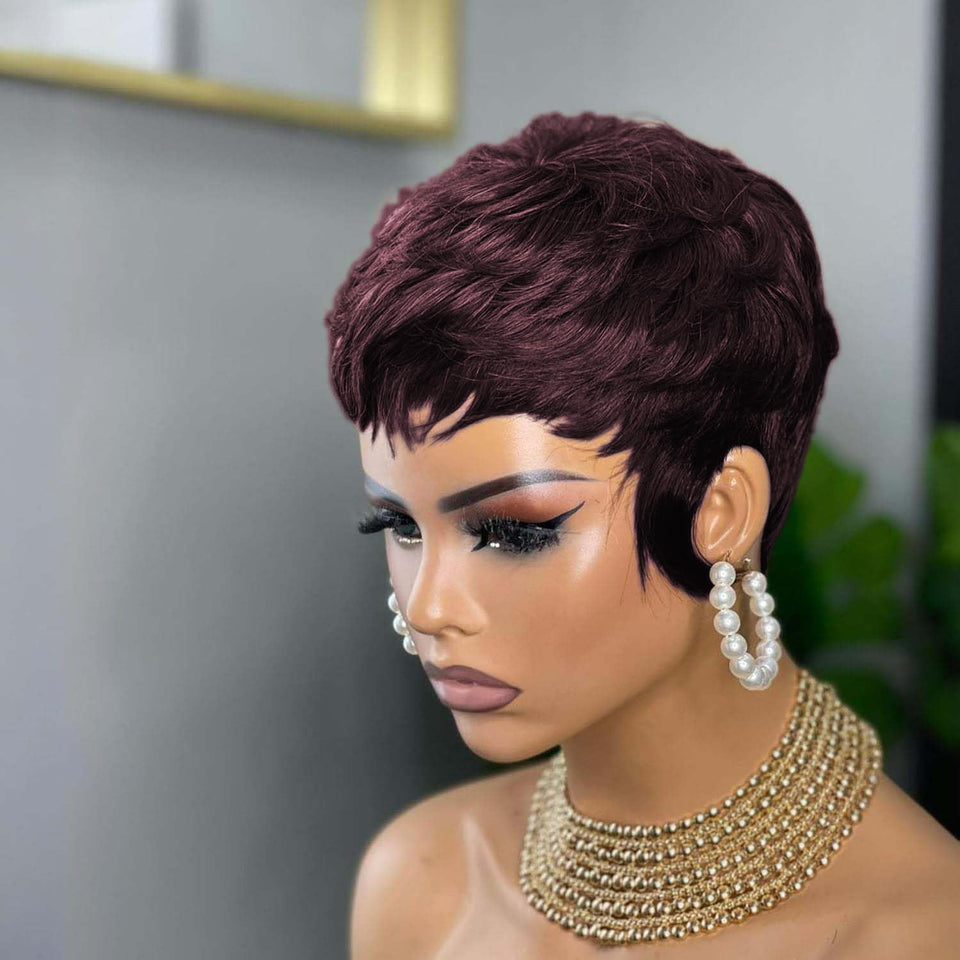 QiaQiaRing Pixie Cut Wig Burgundy front view highlights natural shine for daily wear.