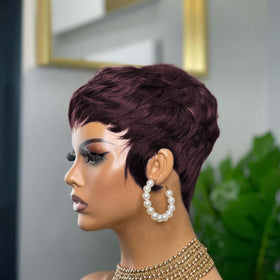 QiaQiaRing Pixie Cut Wig Burgundy close-up texture demonstrates silky feel and natural look.