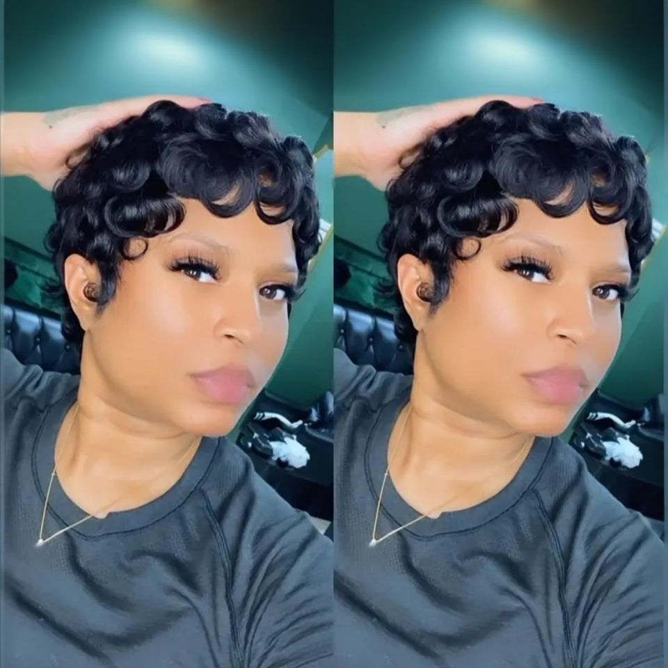 QiaQiaRing pixie cut wig close-up shows natural texture and shine for daily wear.
