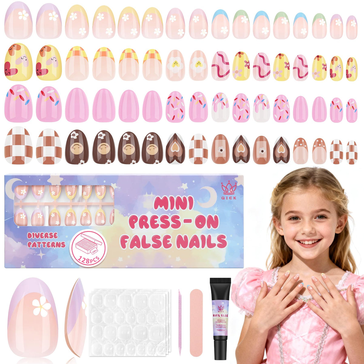 QIEK kid press-on nails with flower almond tips for quick, safe manicures.
