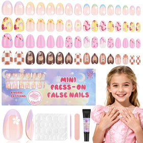 QIEK kid press-on nails with flower almond tips for quick, safe manicures.