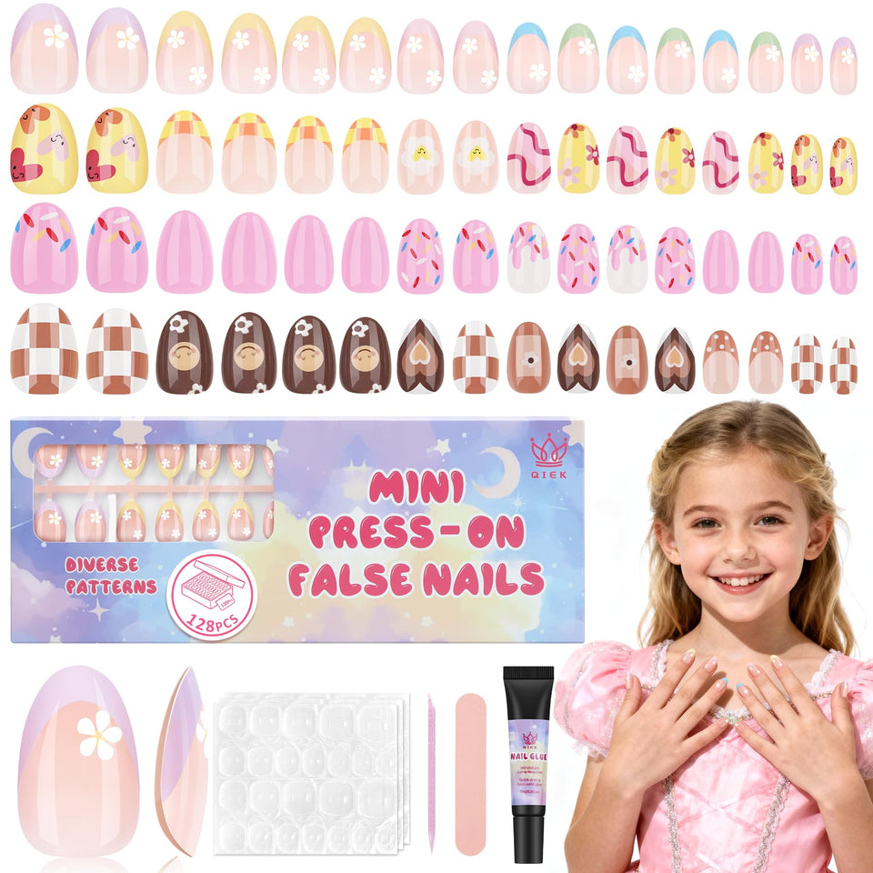 QIEK kid press-on nails with flower almond tips for quick, safe manicures.