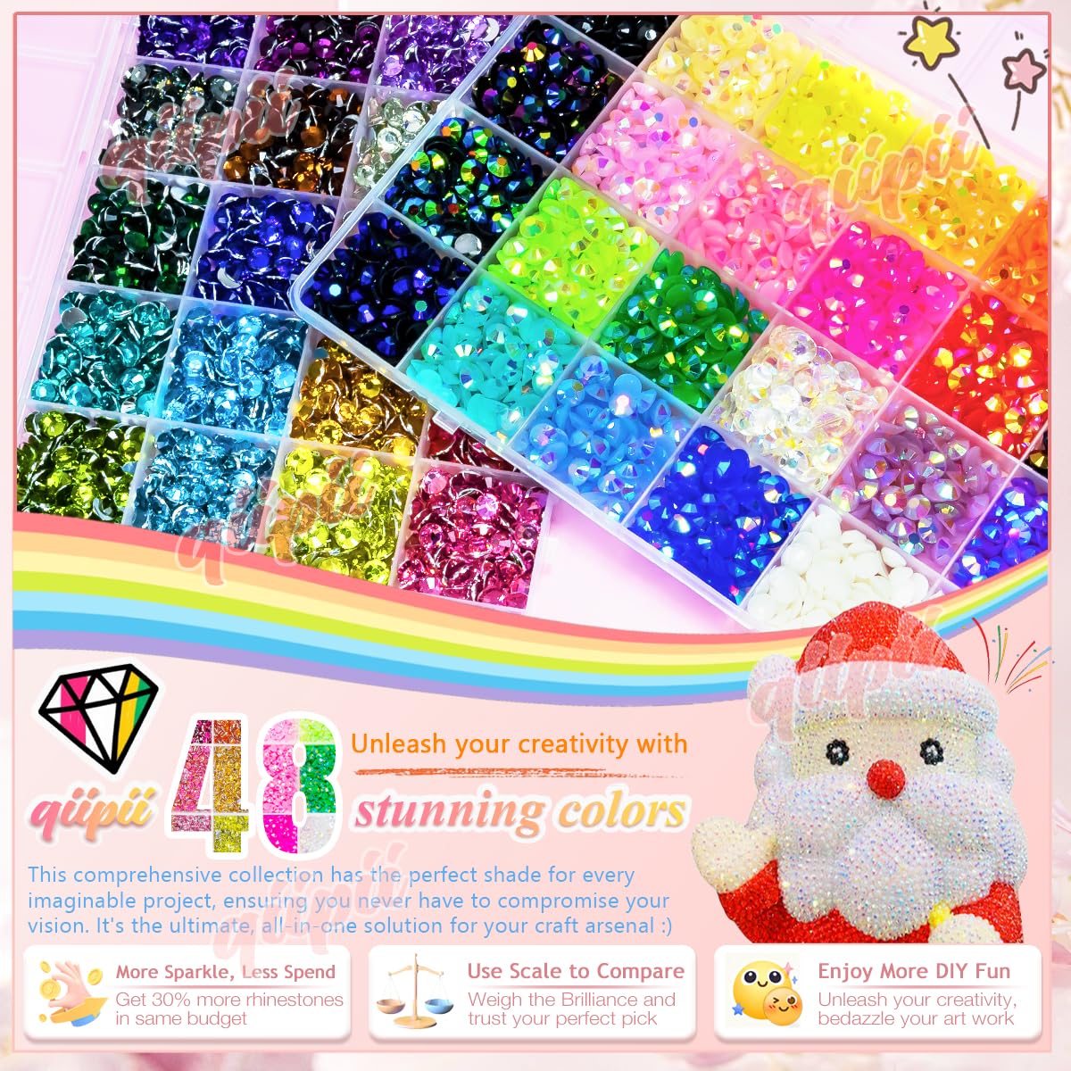 qiipii 24-color crystal rhinestones add sparkle to makeup and body decor.