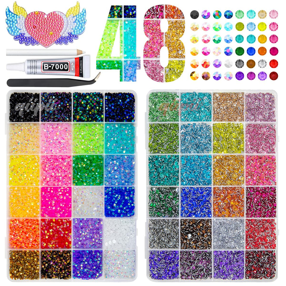 qiipii 48-color rhinestones in a clear jar for easy color picking
