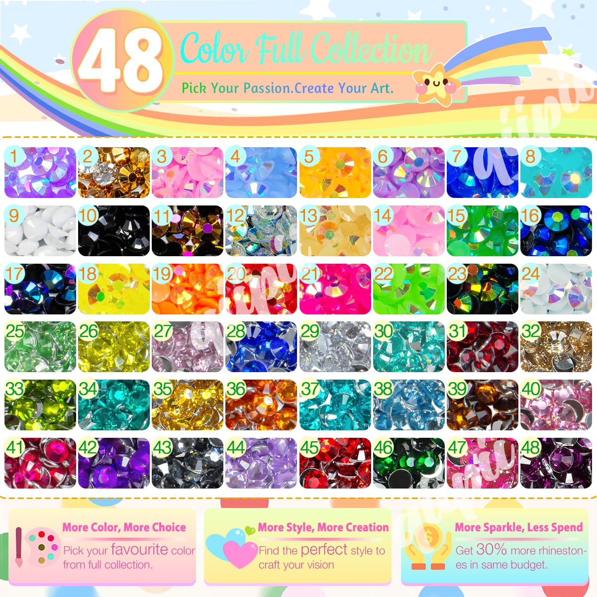 qiipii crystal rhinestones grid highlighting crystal color options for sparkle