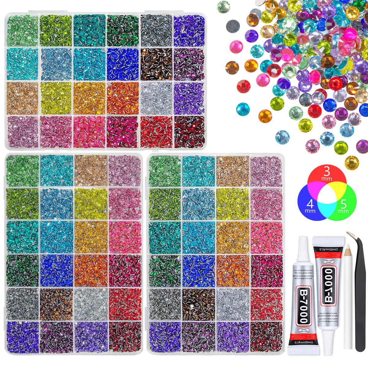 Qiipii Rainbow Series 3 Boxes 24-Color 3mm rhinestones for vibrant DIY crafts.