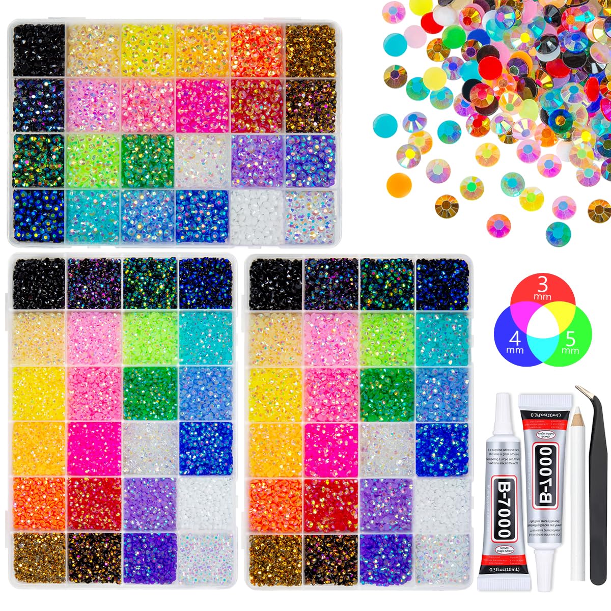 Qiipii Rainbow Series 3mm rhinestones in a color grid for easy color selection.