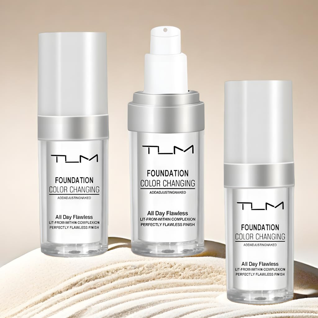 Aging skin demo with QINGFANGLI TLM color-changing foundation for natural glow.