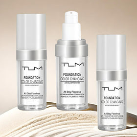 Aging skin demo with QINGFANGLI TLM color-changing foundation for natural glow.