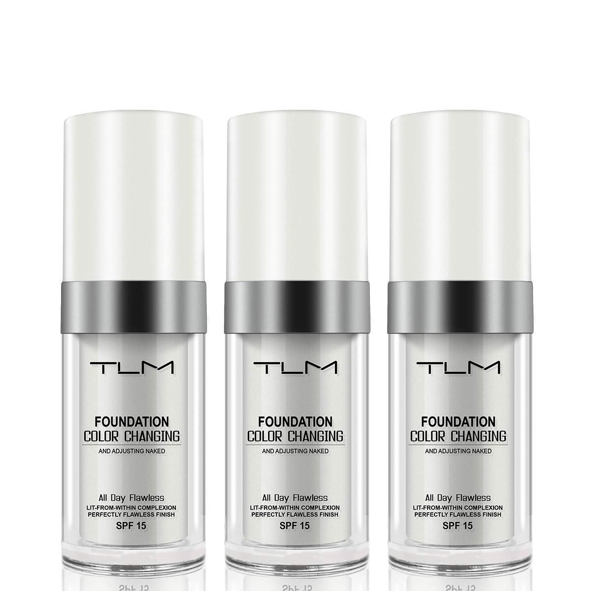 QINGFANGLI TLM color-changing foundation bottle showing adaptive shade for all skin tones.
