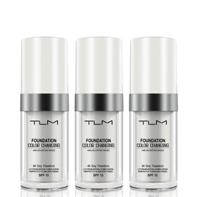 QINGFANGLI TLM color-changing foundation bottle showing adaptive shade for all skin tones.