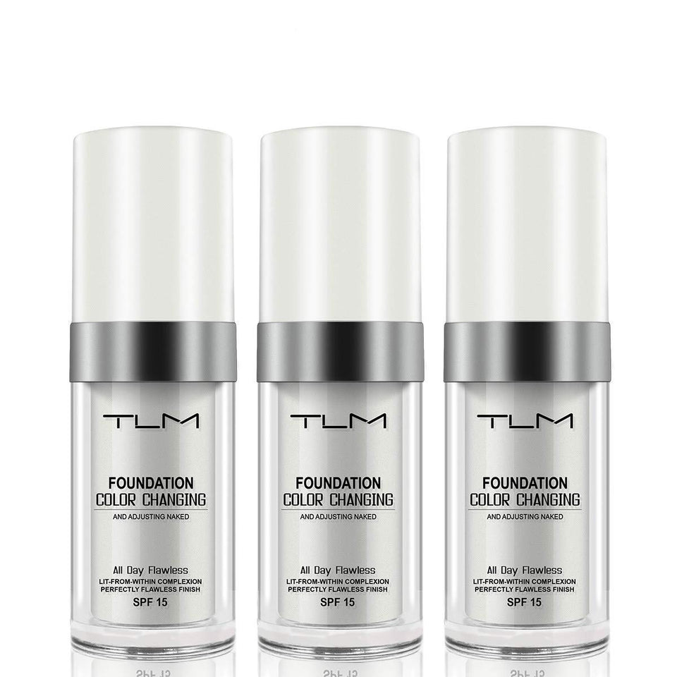 QINGFANGLI TLM color-changing foundation bottle showing adaptive shade for all skin tones.