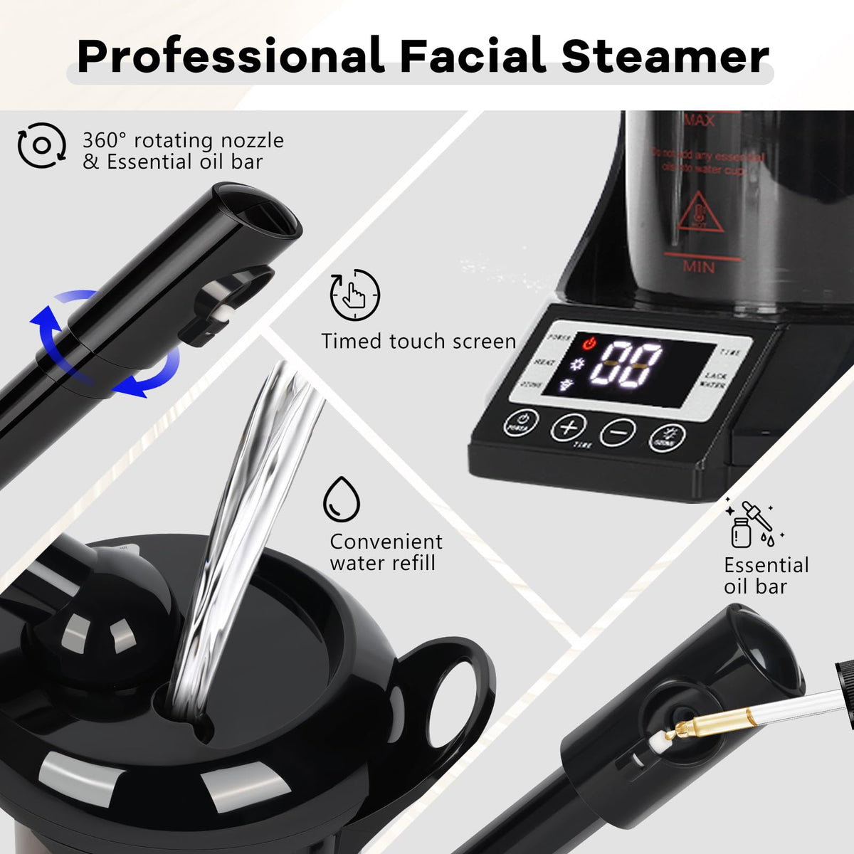 Qinrunkoi facial steamer with 360 degree nozzle for flexible positioning