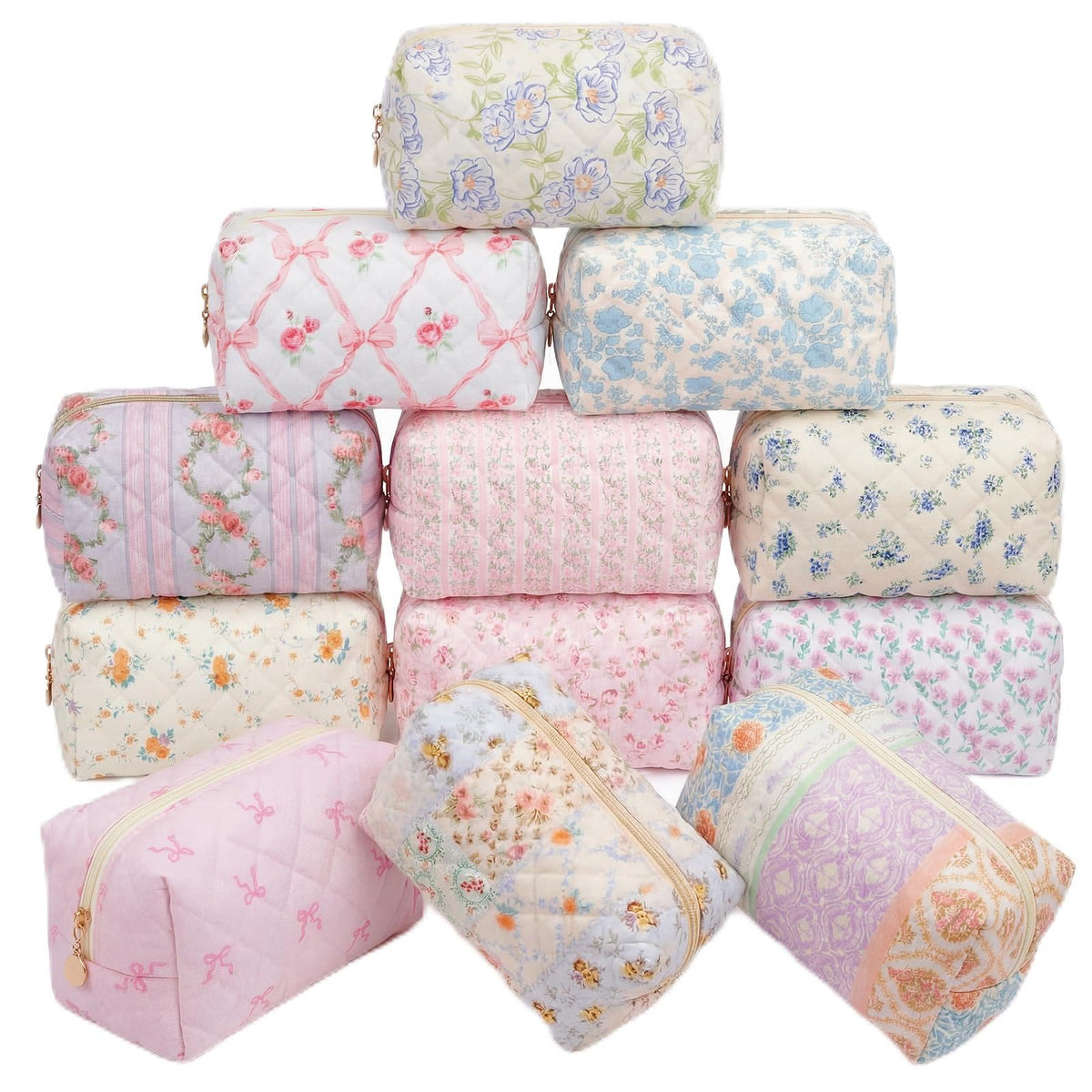 Qinyoung floral-quilted-makeup-bag-set-1 keeps cosmetics organized during travel.