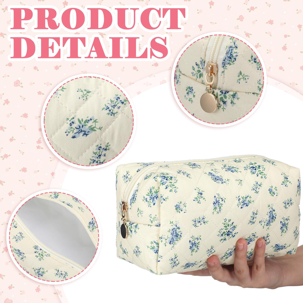 Qinyoung floral-quilted-makeup-bag-set-3 sturdy cotton construction for durable use.