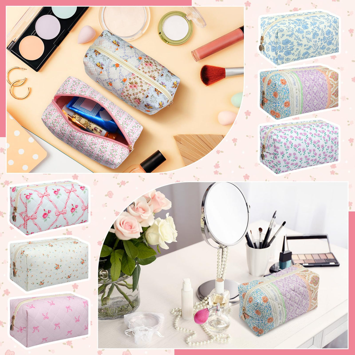 Qinyoung floral-quilted-makeup-bag-set-4 versatile storage for cosmetics or small items.