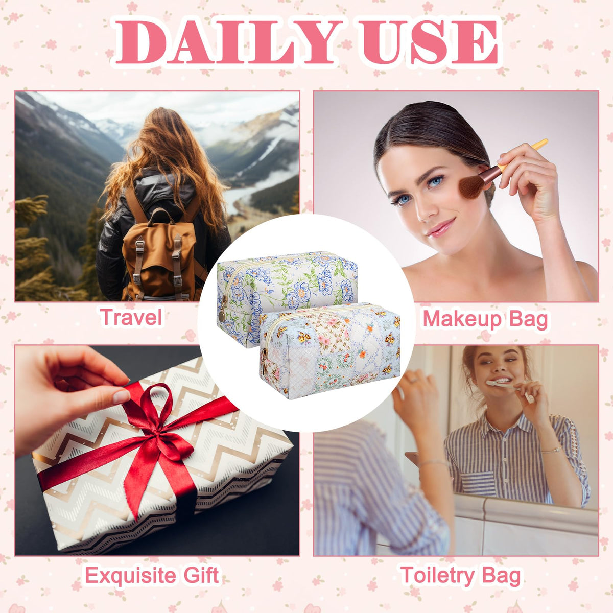 Qinyoung floral-quilted-makeup-bag-set-6 travel-ready zip closure protects essentials.