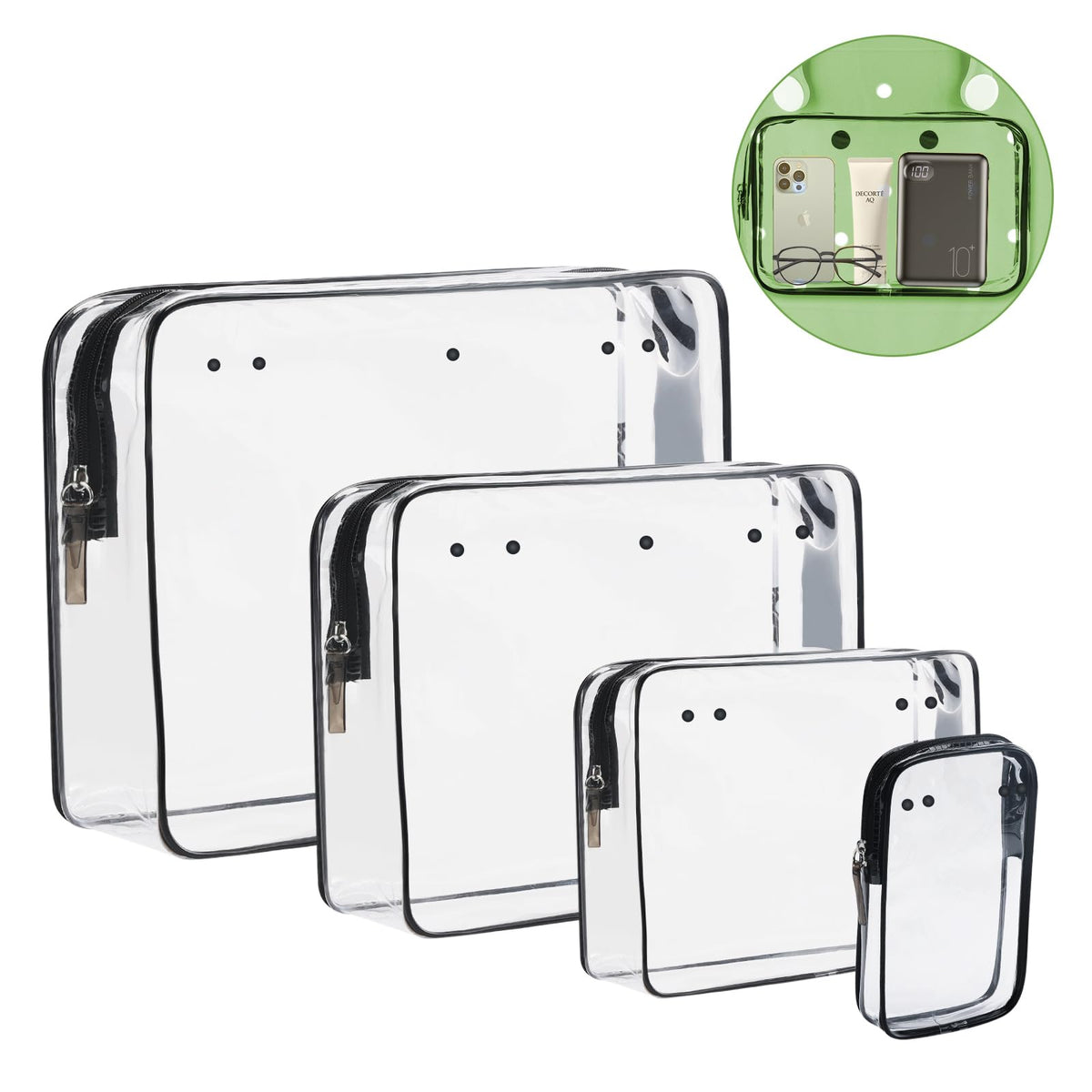 Qinyurj clear pouches top zipper for easy packing and ventilation.