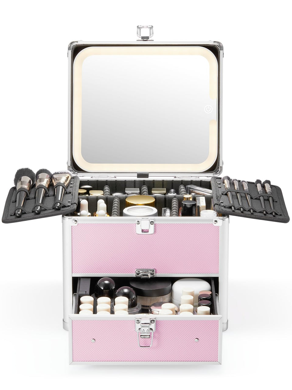 Qislee makeup box icy pink with mirrored lid for stylish storage and quick makeup checks.