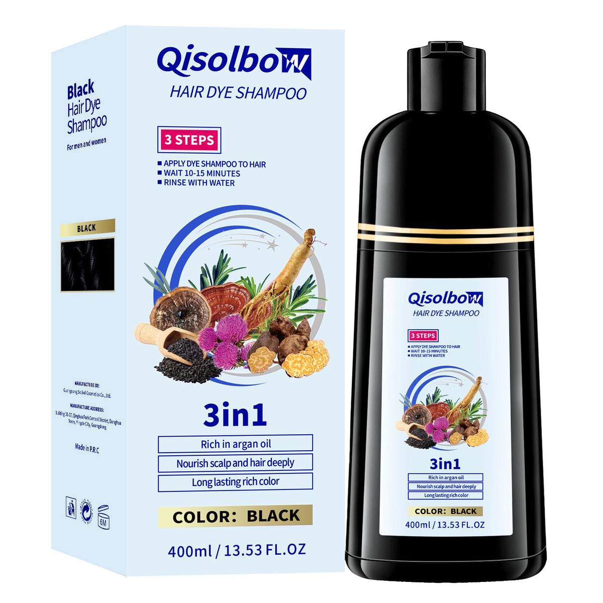 QISOLBOW Black Hair Dye Shampoo bottle enables quick gray coverage.
