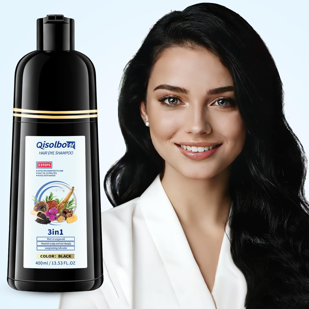 Pouring the dye shampoo shows a simple 10–15 minute color process.